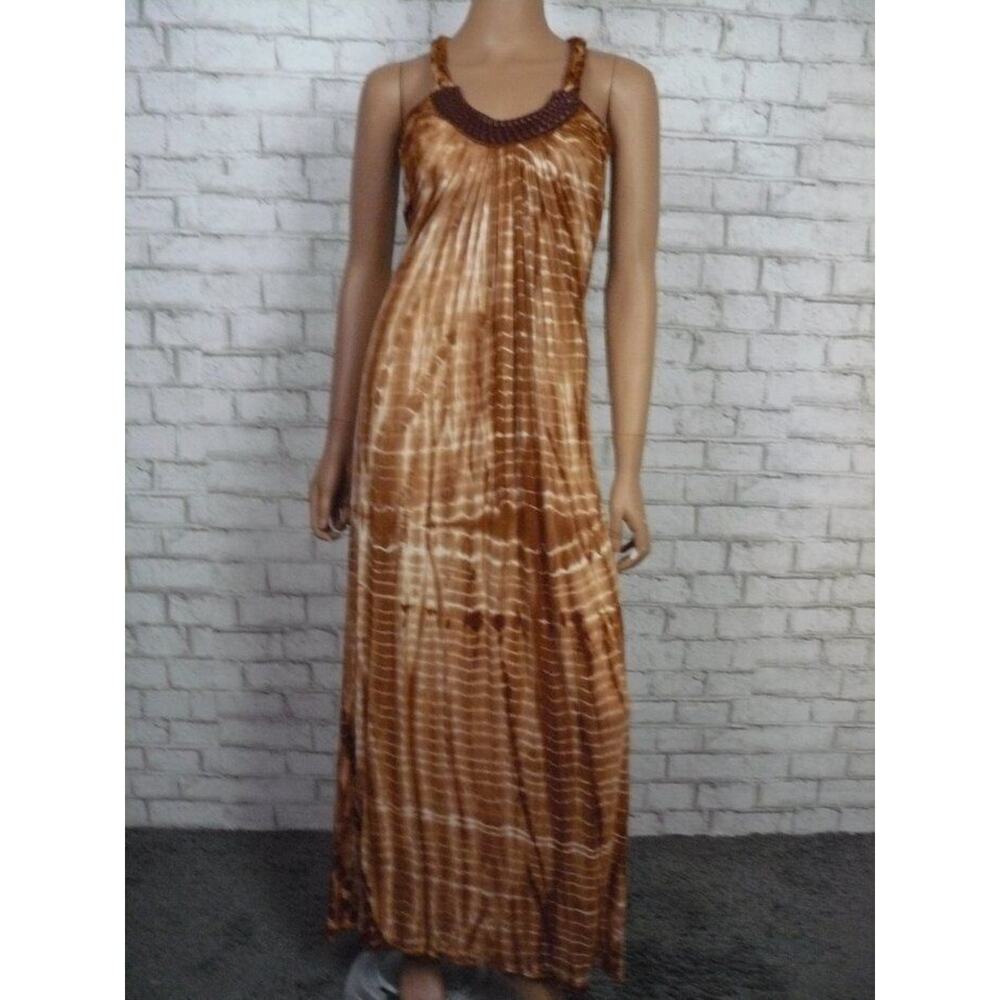 $250 Sky Brown Tie Dye Braided Leather Neckline Pleated Maxi Dress XS NEW